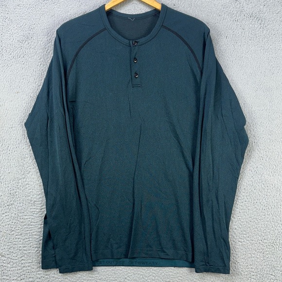 Lululemon Mens Henley T-Shirt XL Blue Black Performance Long Sleeve Tee Logo